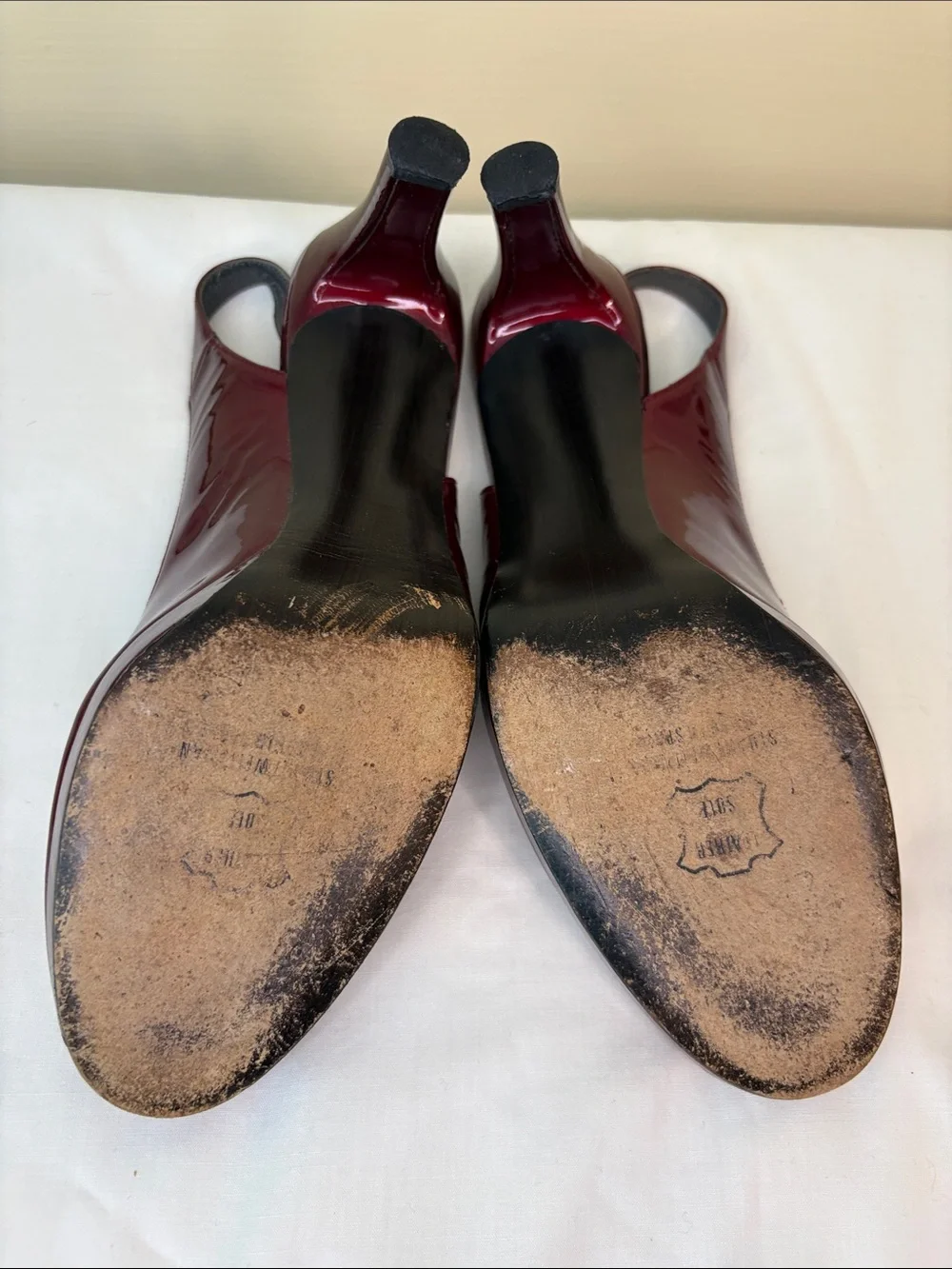 Stuart Weitzman Burgundy Red Patent Peep Toe Sling Back Heels Retro Style Size 8